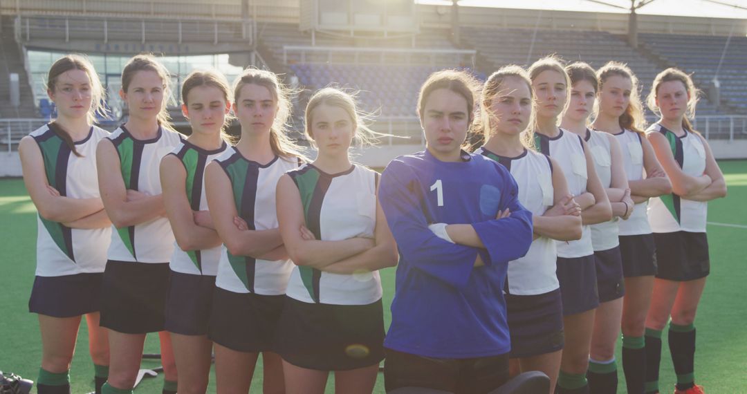 Confident Female Field Hockey Team Standing Together on Field - Free Images, Stock Photos and Pictures on Pikwizard.com