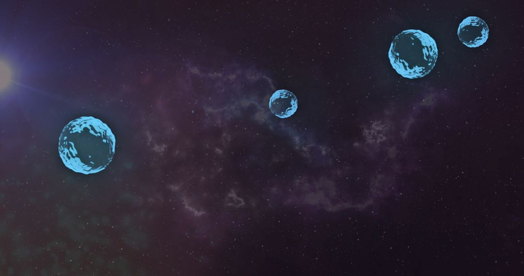 Cyan Spheres Floating Amidst Distant Nebula in Space