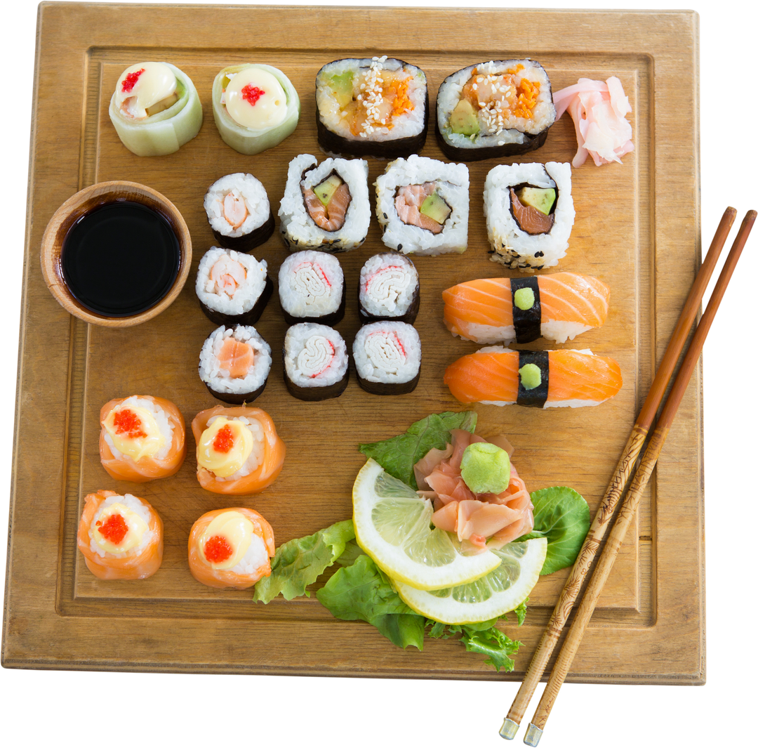 High Angle Transparent Plate with Elegant Sushi Selection and Chopsticks - Download Free Stock Images Pikwizard.com