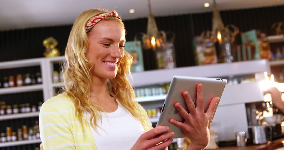 Smiling Woman Using Tablet in a Cafe - Free Images, Stock Photos and Pictures on Pikwizard.com