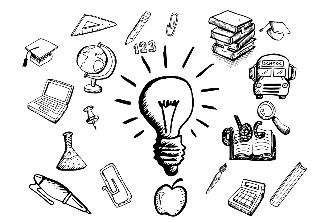 Lightbulb with Education Icons for Learning on Transparent Background