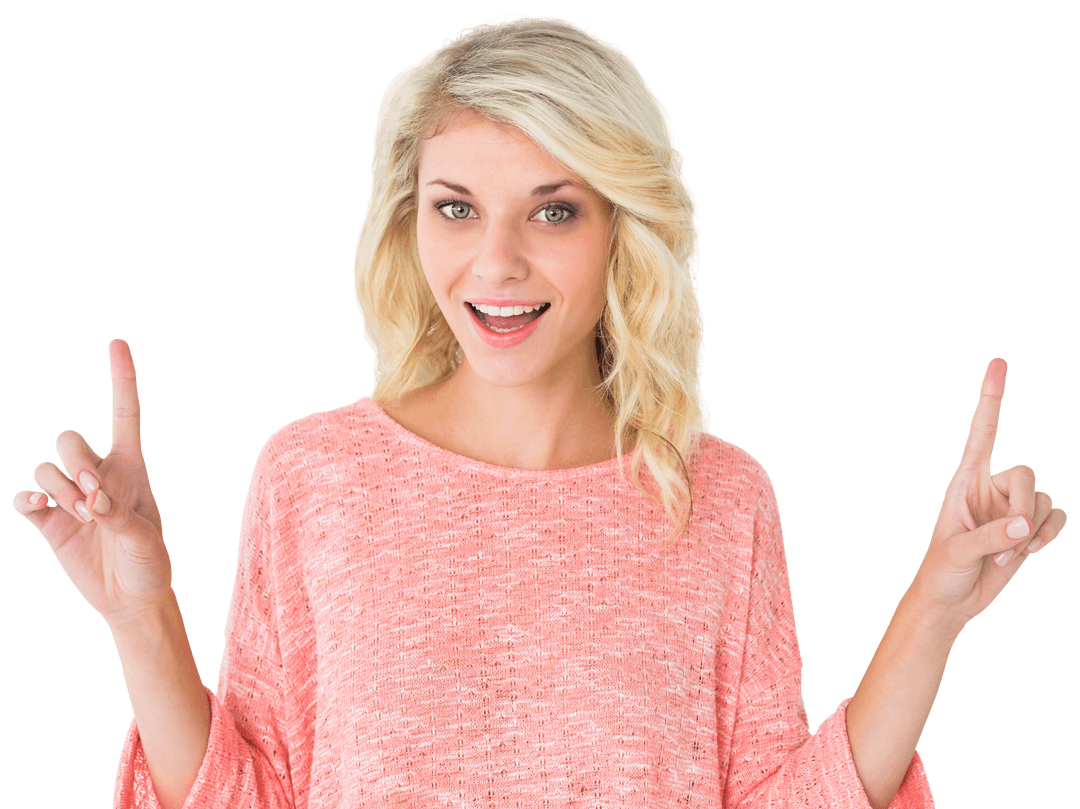 Happy Blonde Woman Smiling and Pointing Up Transparent