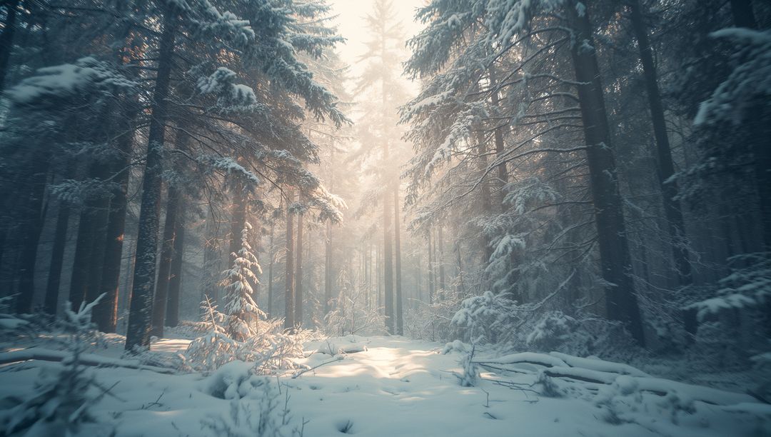 Sun Rays Through Snowy Pine Forest in Winter Wonderland