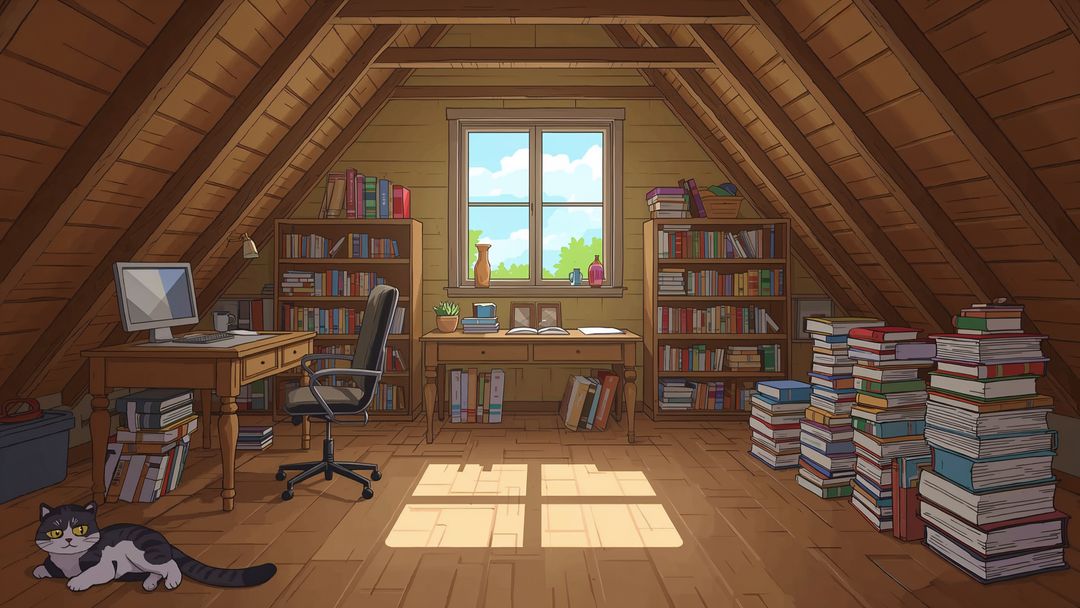 Cozy Attic Workspace with Cat and Vintage Charm