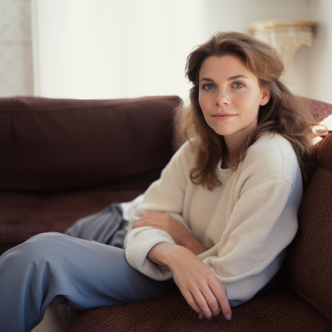 Portrait of caucasian woman with brown hair on sofa, created using generative ai technology - Free Images, Stock Photos and Pictures on Pikwizard.com