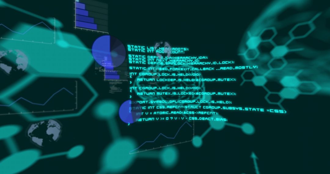 Holographic Cybersecurity Dashboard Visualizing Neon Teal Code, Honeycomb Grid, Data Charts