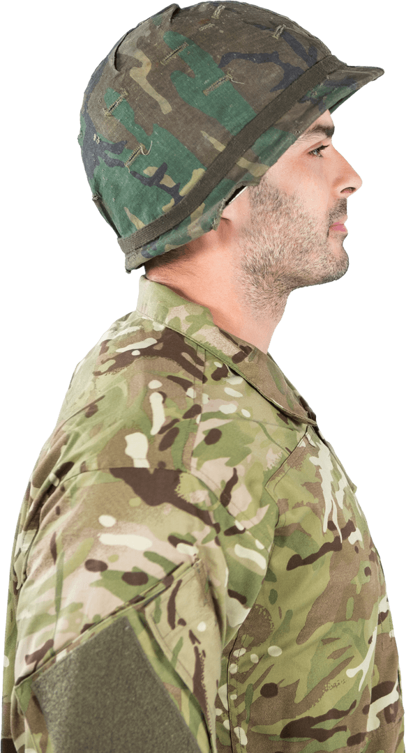 Transparent Side View of Soldier in Camo Uniform Standing