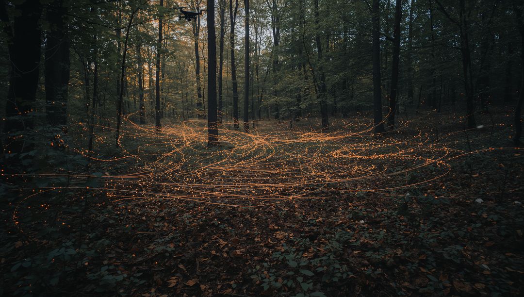 Swirling Golden Light Trails Looping Through Twilight Forest Floor Among Tall Trees