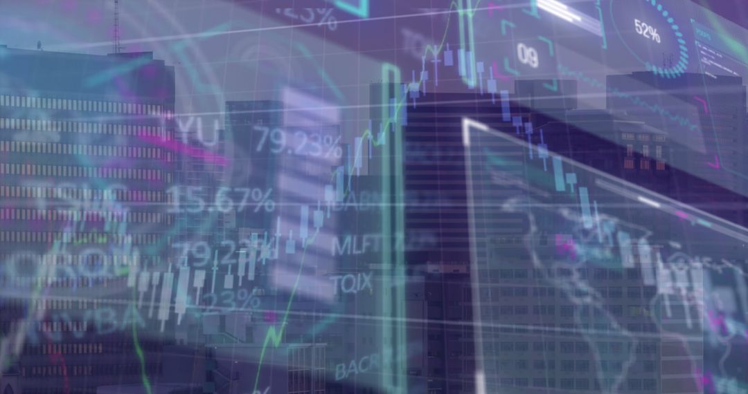 Translucent Financial Charts Over Urban Cityscape Visualization