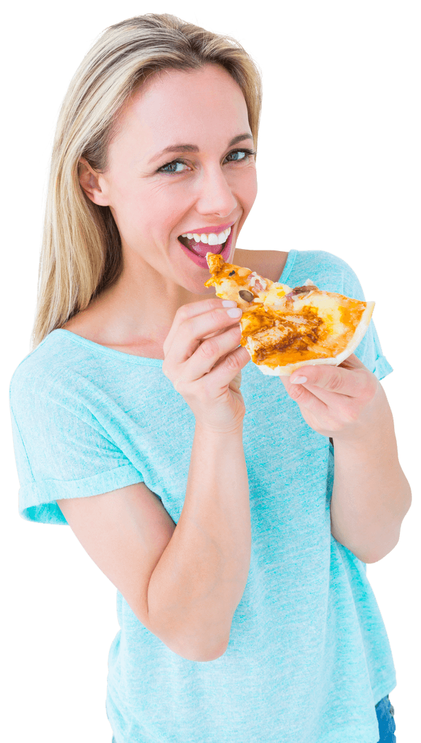 Cheerful Blonde Enjoying Slice of Pizza on Transparent Background
