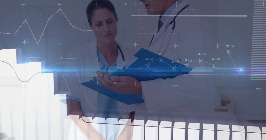 Healthcare Professionals Analyzing Data with Futuristic Graph Interface