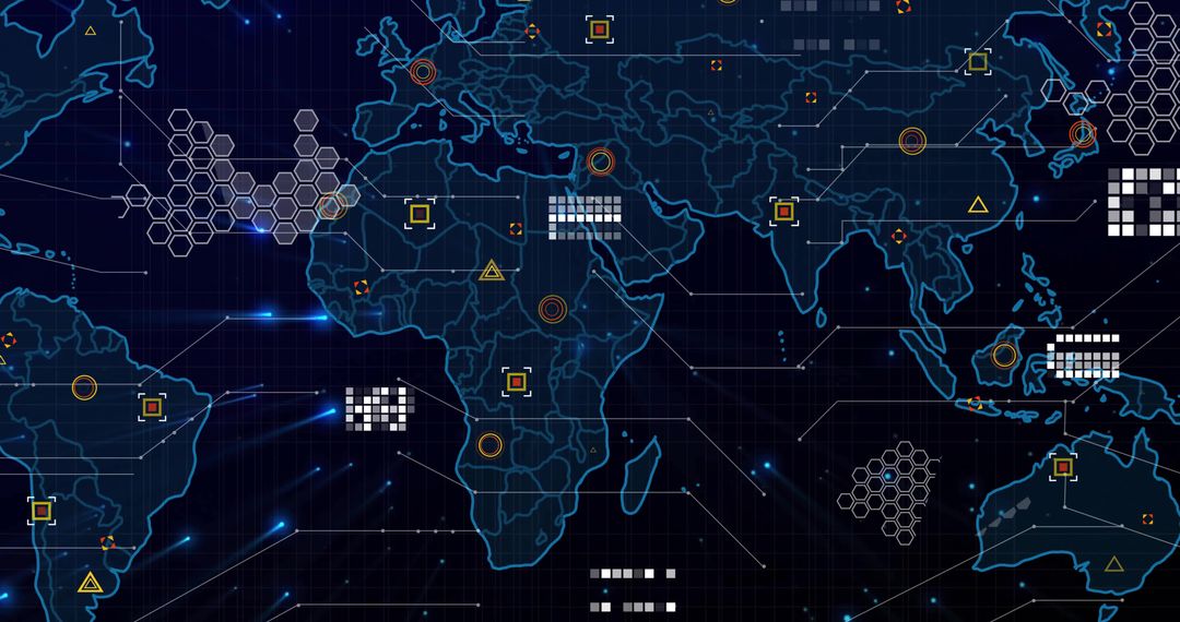 Futuristic World Map with Digital Data Overlay and Neon Accents