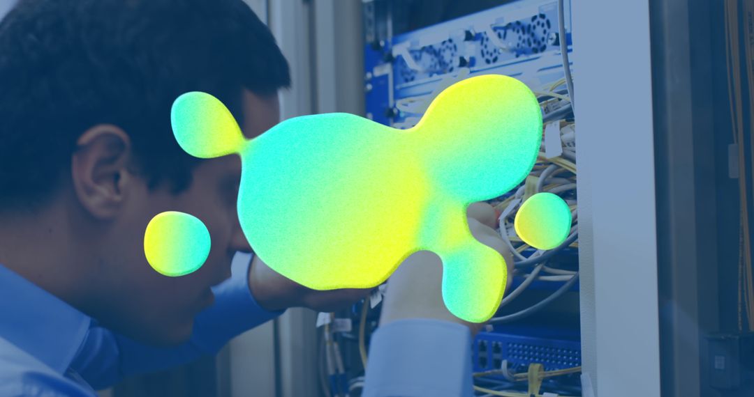 Technician Inspecting Server Room with Digital Interface Overlay