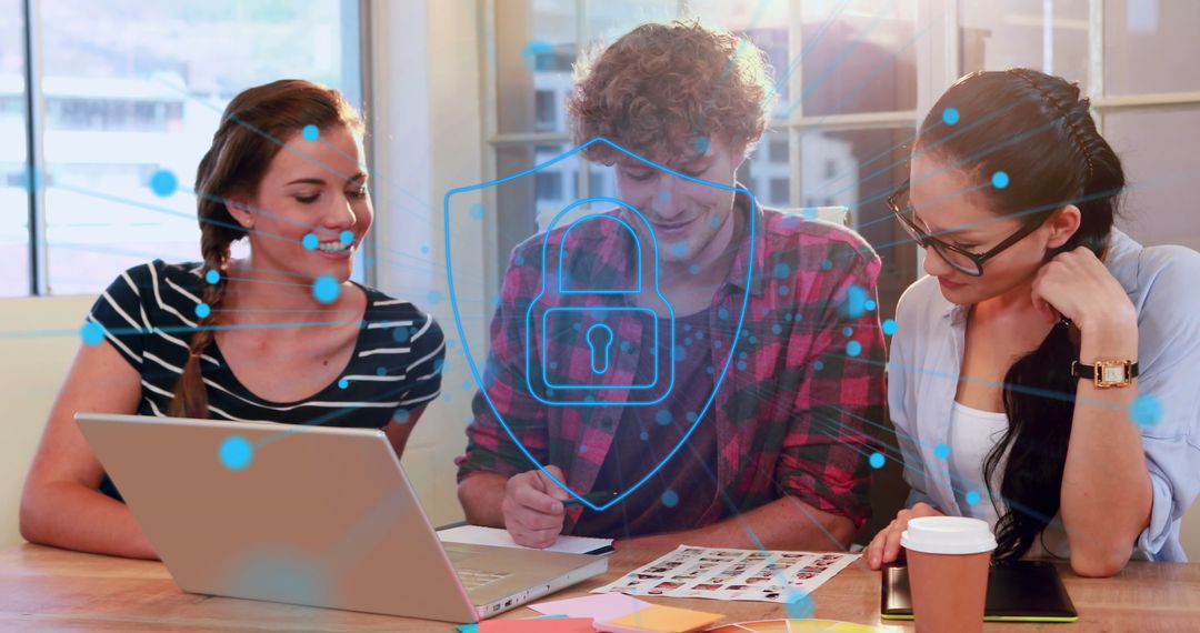 Creative Team Collaborating on Photo Project with Digital Security Overlay