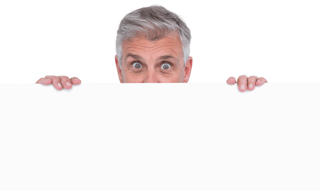 Curious mature man holding blank transparent sign looking subtle