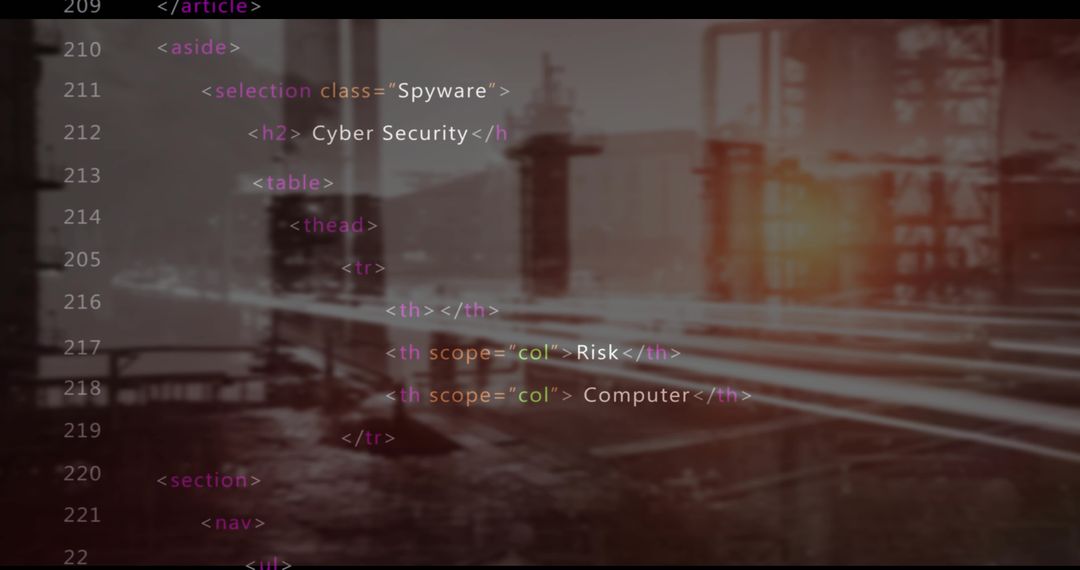 HTML Code Overlay on Industrial Plant Backdrop Illustrating Cybersecurity