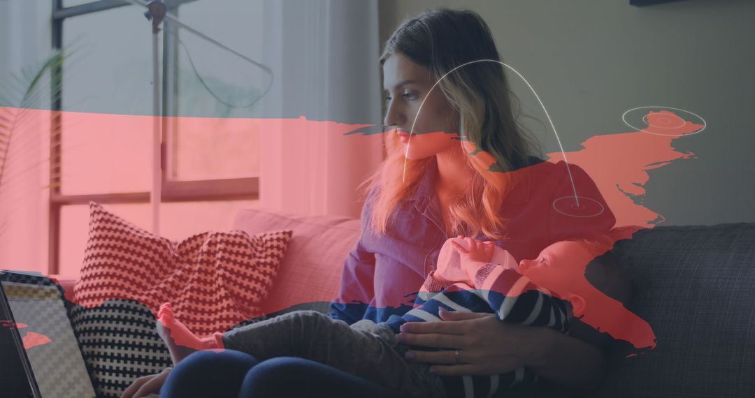 Mother Balancing Work From Home With Baby and Global Connectivity Concept