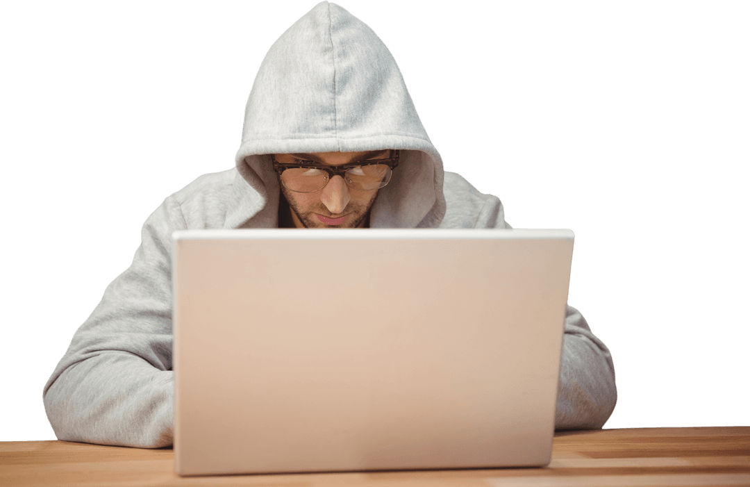 Transparent Hooded Businessman Working on Laptop at Desk