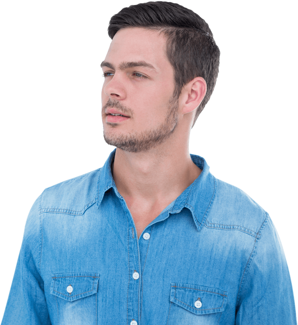 Thoughtful Man in Denim Shirt on Transparent Background