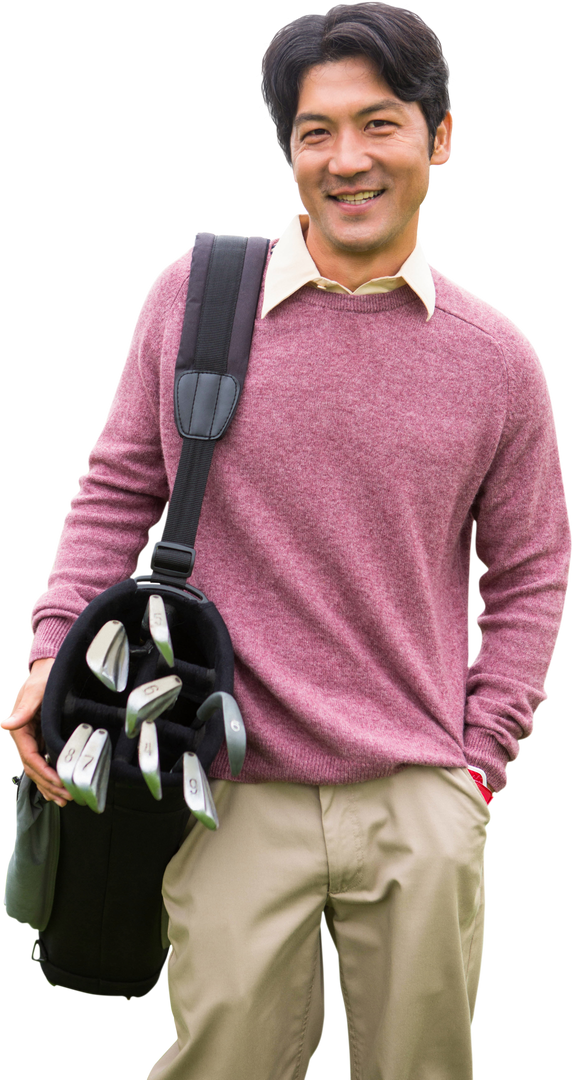 Smiling Asian Male Golf Player with Golf Bag on Transparent Background - Download Free Stock Images Pikwizard.com