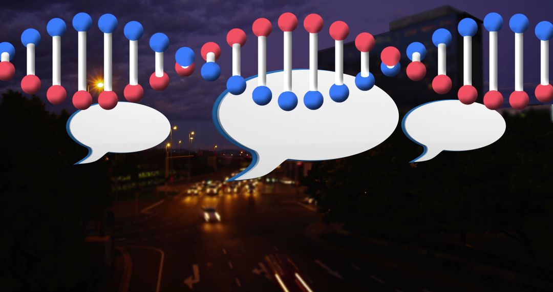 DNA Strands with Speech Bubbles Over Urban Nightscape