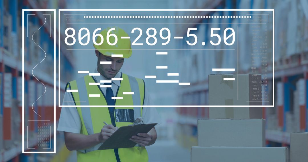 Warehouse Worker Inspecting Inventory with AR HUD for Logistics Efficiency