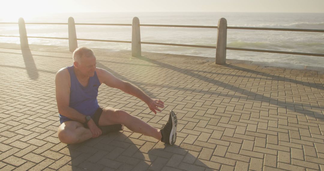 Senior man stretching on beach promenade at sunrise - Free Images, Stock Photos and Pictures on Pikwizard.com