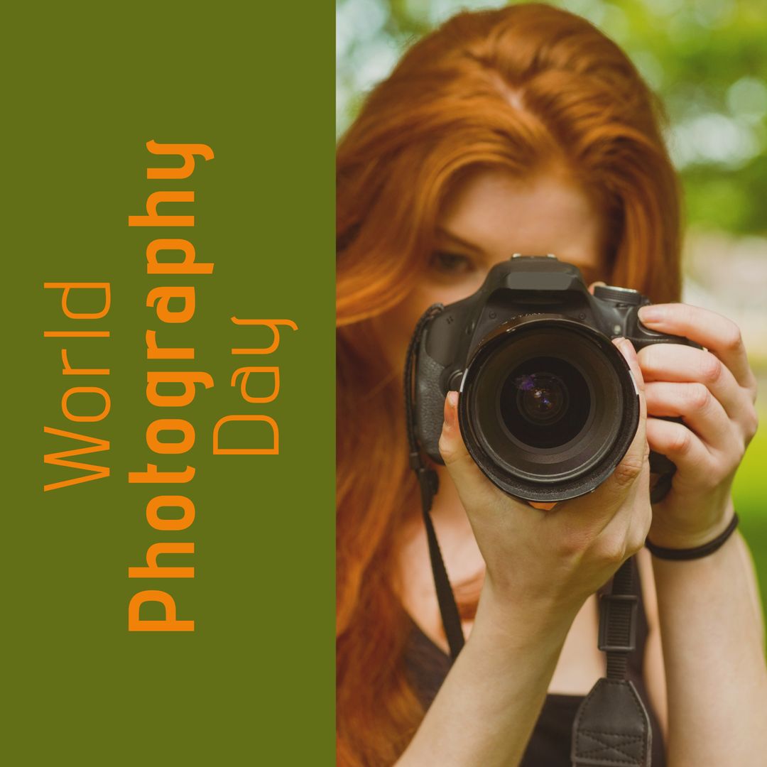 Red Haired Woman Celebrating World Photography Day with Camera Outdoors - Download Free Stock Templates Pikwizard.com