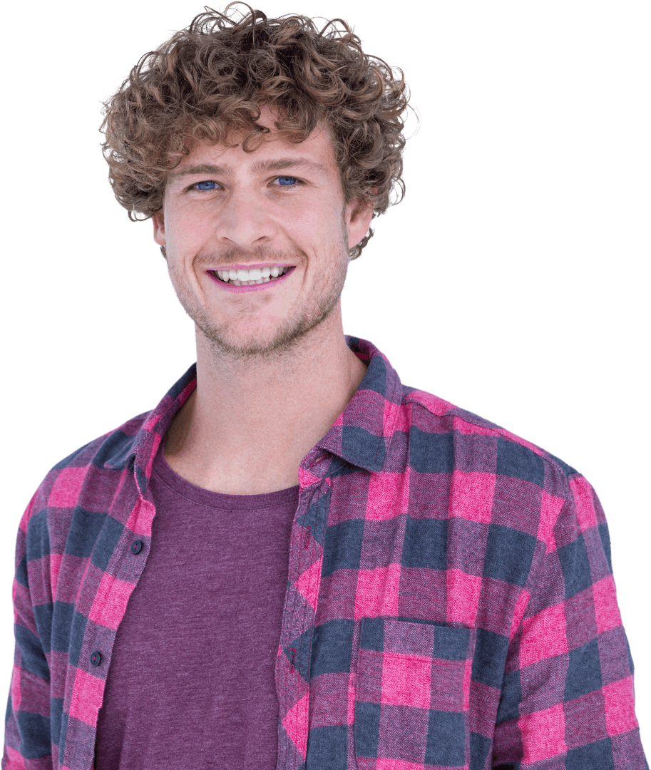 Transparent Background Cheerful Man with Curly Hair in Casual Attire