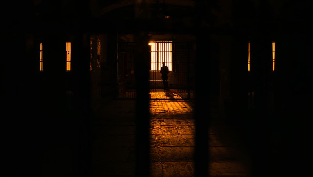 Silhouette of Man Standing at Confined Window with Barred Gate