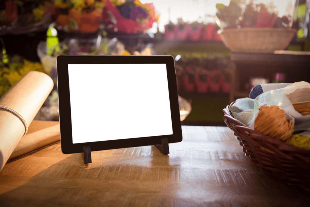 Digital Tablet on Table with Transparent Screen in Flower Shop