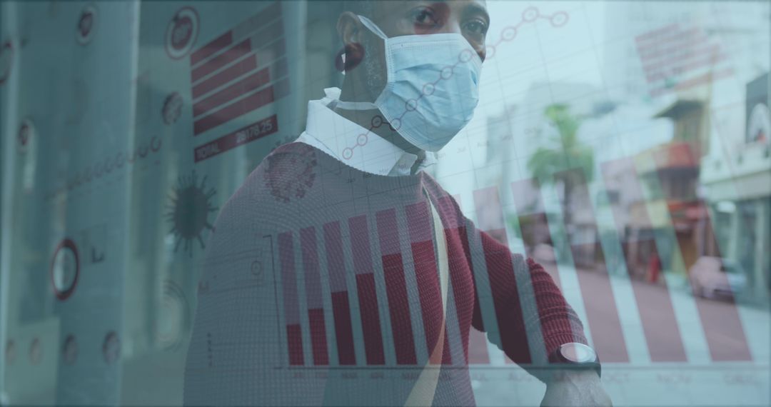 Man Wearing Face Mask with COVID-19 Statistics Overlay