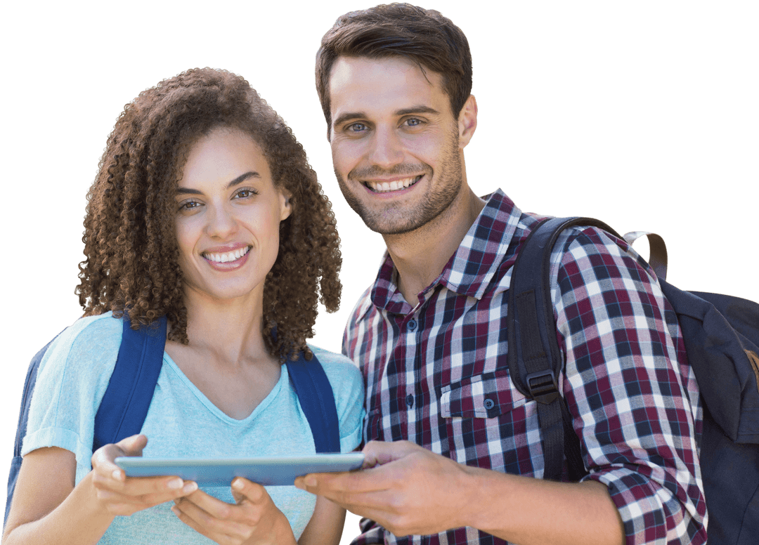 Diverse Couple Communicating Using Tablet on Transparent Background