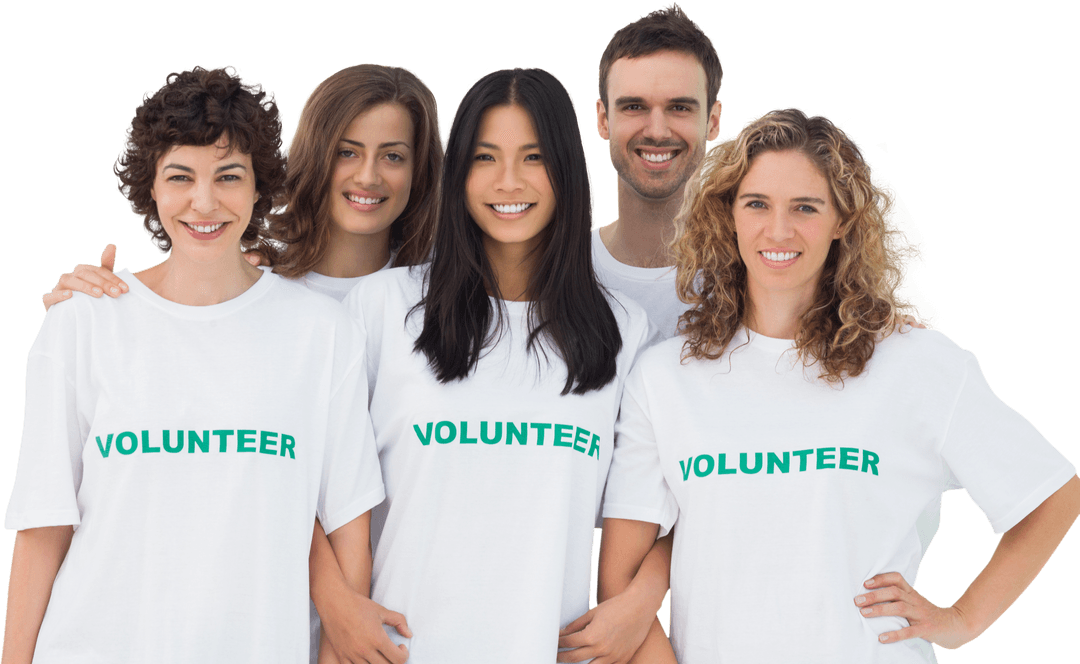 Smiling Group in Transparent Volunteer T-Shirts Posing Cheerfully