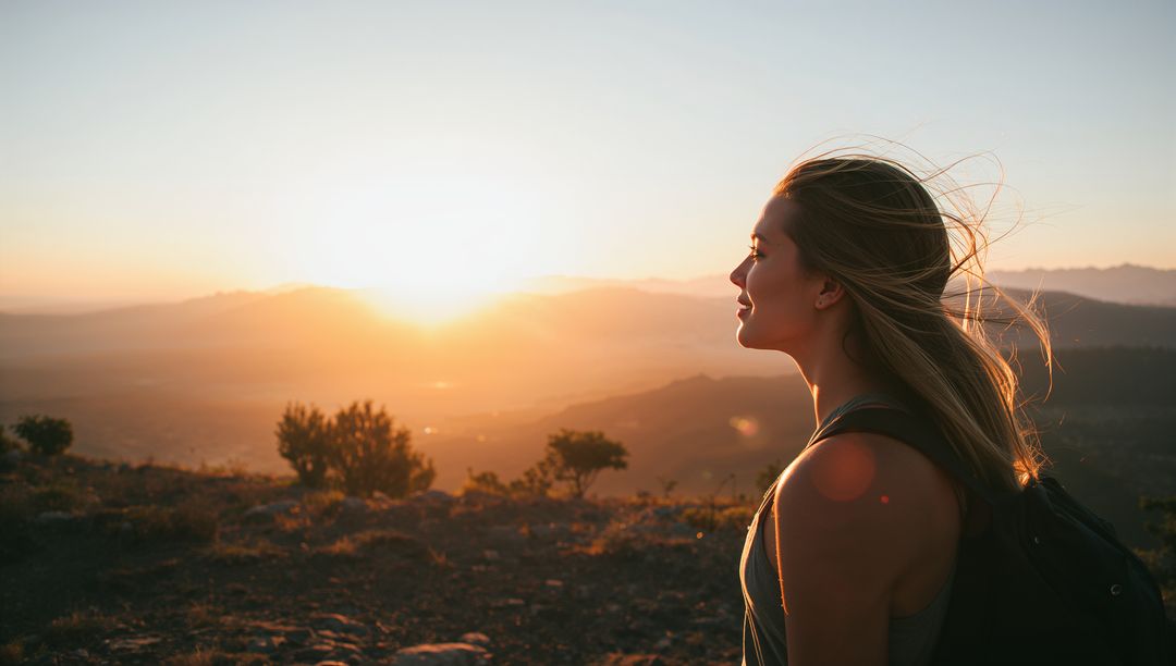 Contemplative Hiker Silhouette Watching Sunset Over Mountain Ridge With Backpack, Golden Hour
