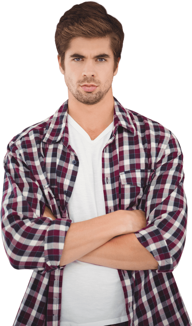 Transparent Background Portrait of Serious Man in Plaid Shirt