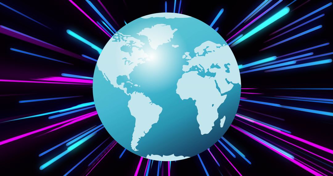 Globe Encircled by Neon Light Trails Representing Global Connections