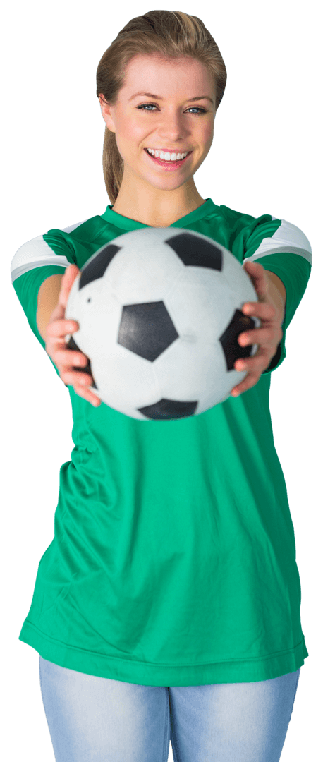 Smiling Woman Holding Soccer Ball with Green Shirt Transparent Background