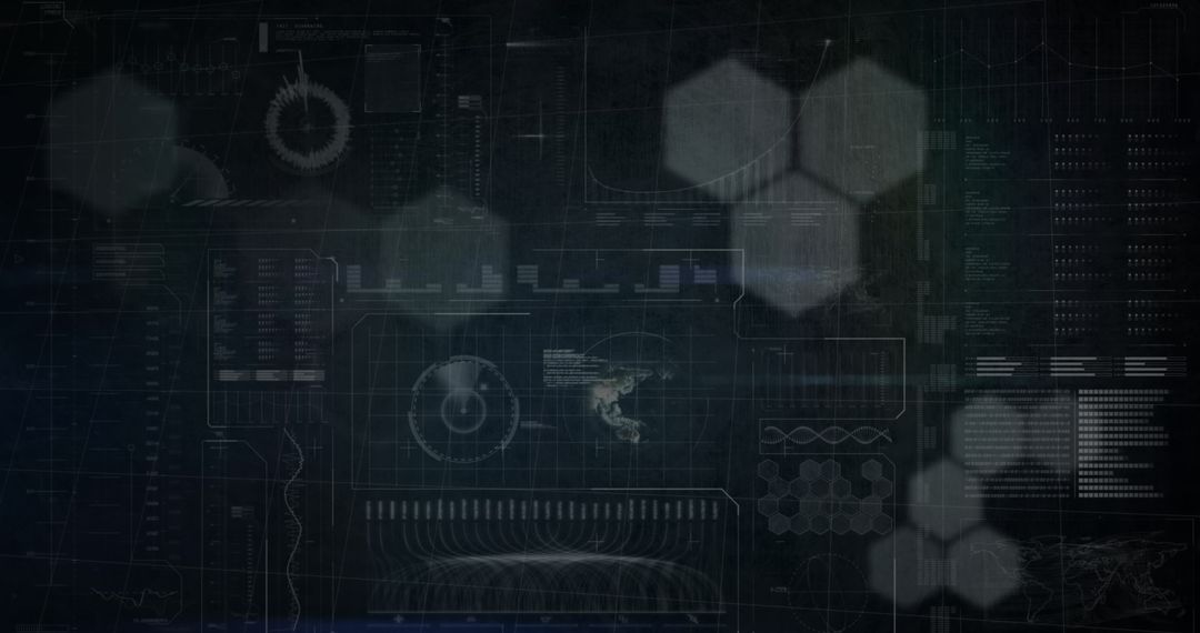 Abstract Digital Interface with Hexagonal Patterns and Data Visualizations