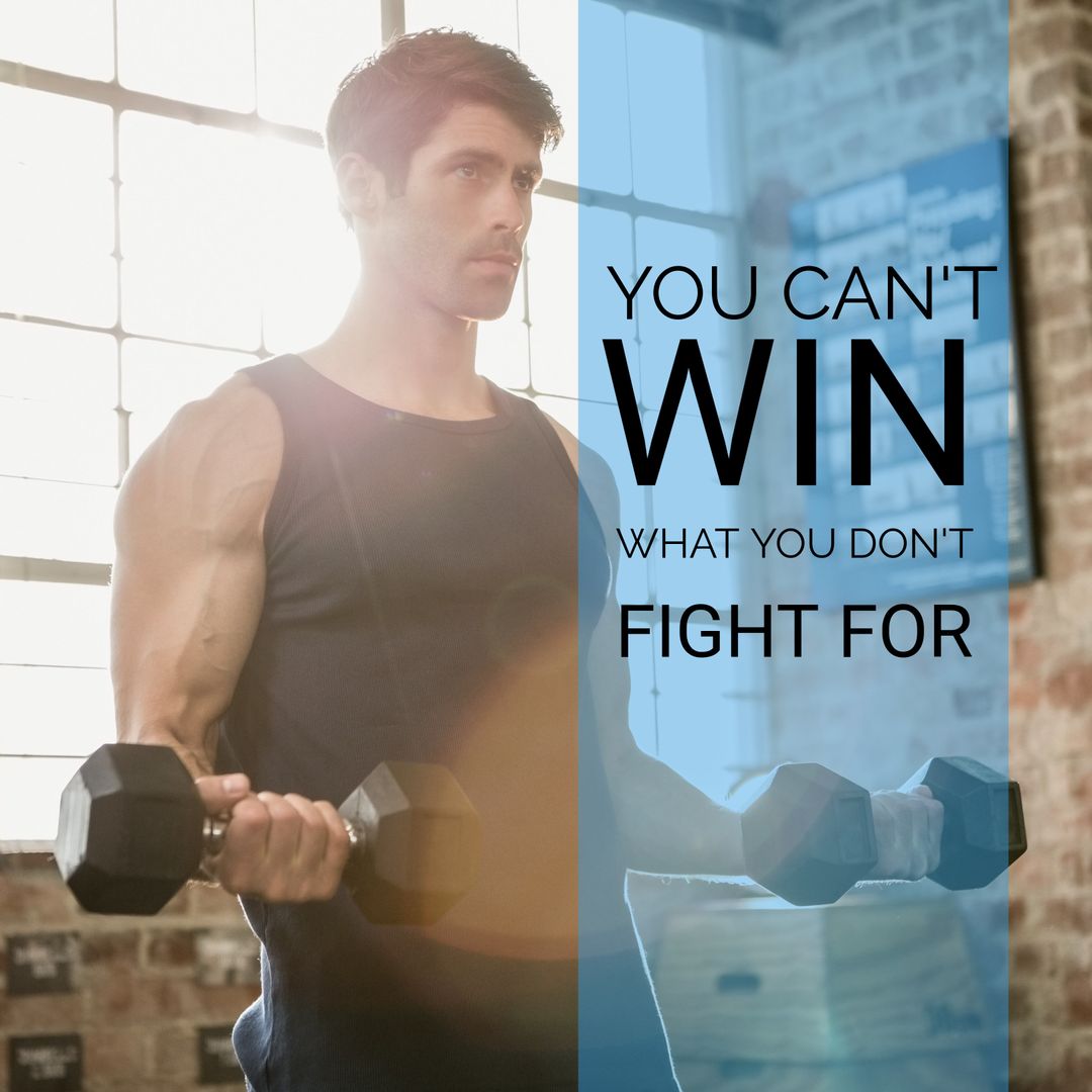 Determined Man Lifting Weights with Inspirational Quote