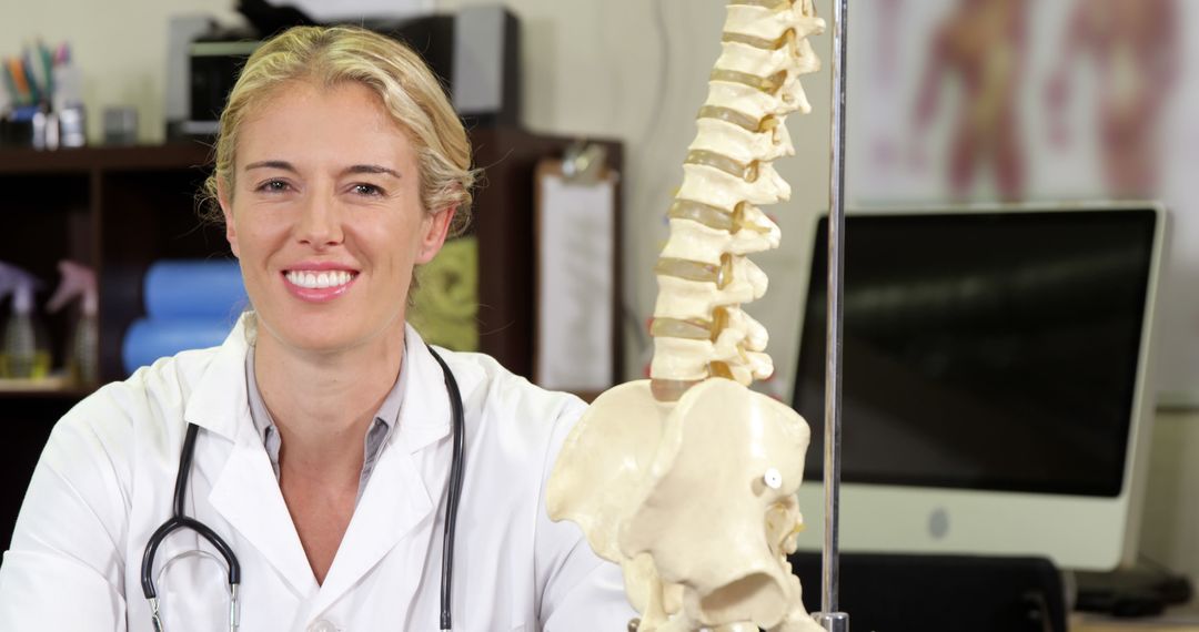 Female Doctor Smiling in Medical Clinic with Spine Model - Free Images, Stock Photos and Pictures on Pikwizard.com