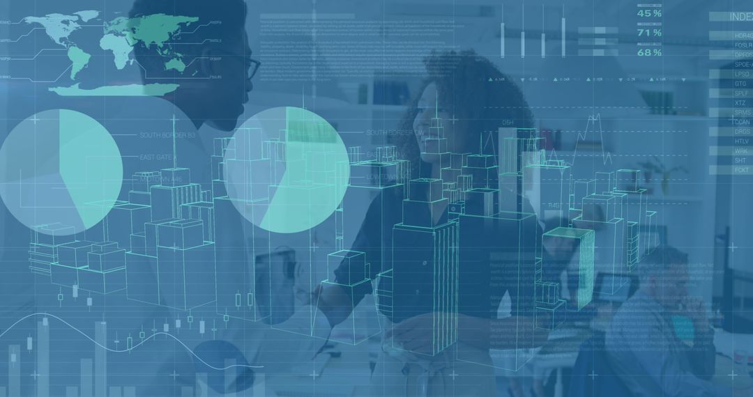 Business Professionals Analyzing Data with Futuristic Engineering Concepts