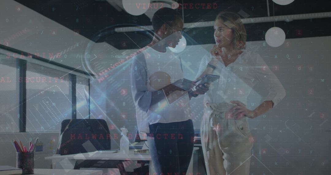 Colleagues Strategizing Cybersecurity Holding Digital Tablet