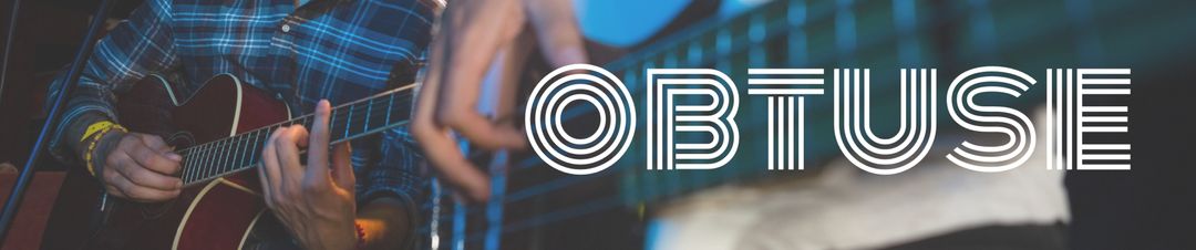 Guitarist performing live at music event with bold typography