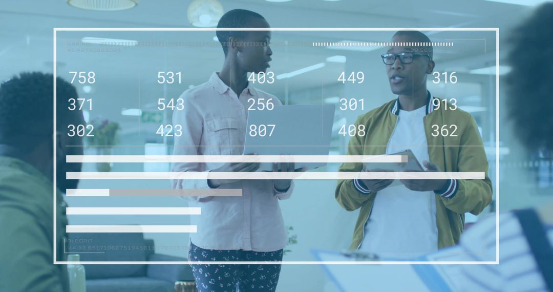 Professionals Collaborating Around Data Charts in Modern Office Lounge