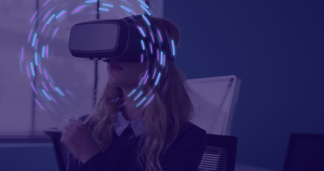 Woman Engaging in Virtual Reality with Futuristic Data Transfer Trails