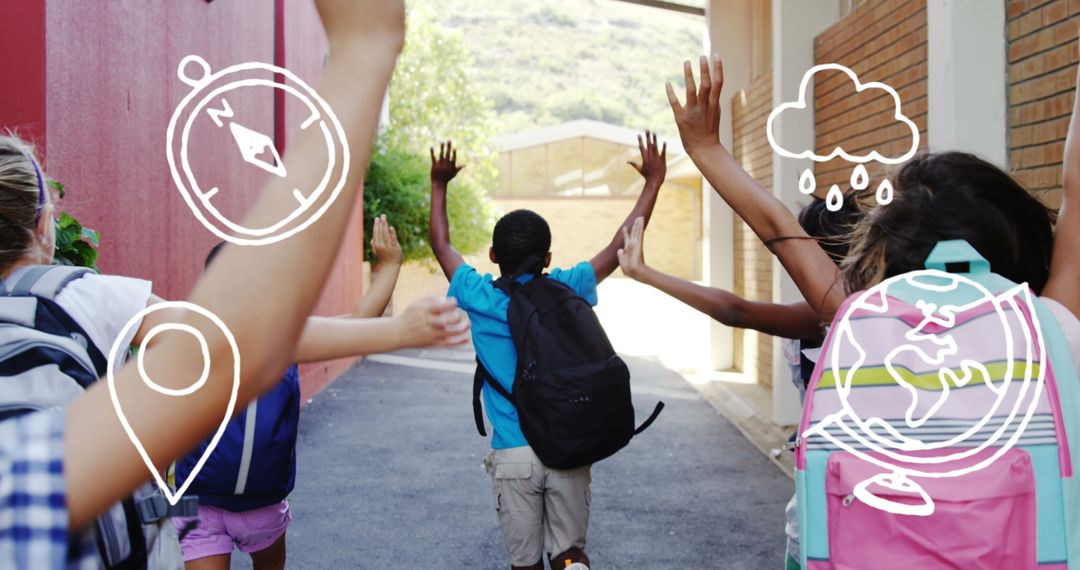 Joyful Children Running to School with Learning Icons