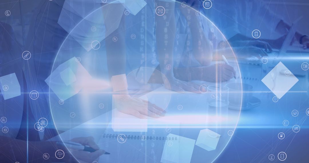 Futuristic Business Team Collaboration with Technology Interface Overlay