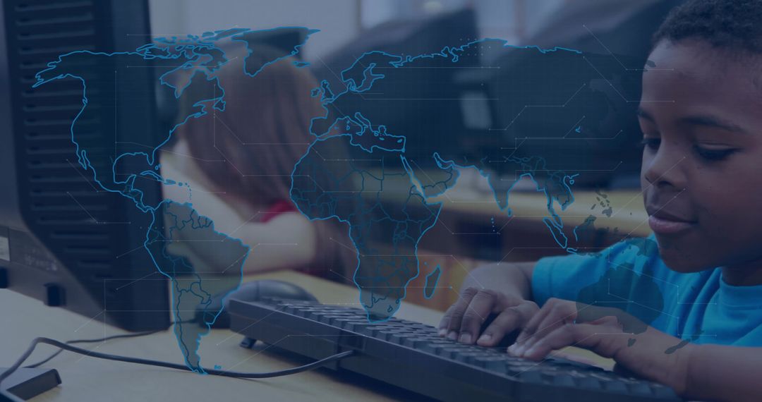 Young Students Engaged in Computer Class with Global Connectivity Concept