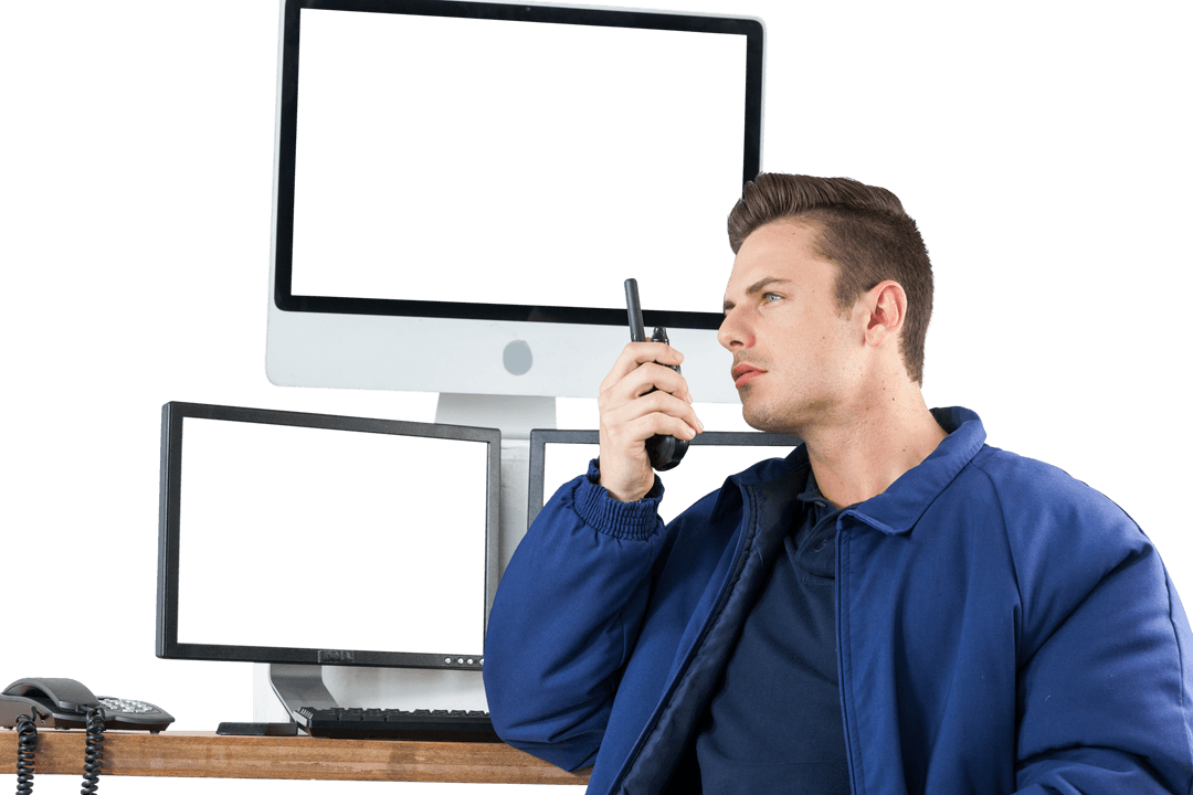 Security Officer Communicating on Walkie Talkie with Transparent Background
